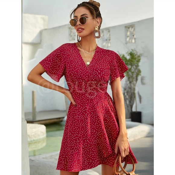 Casual, Romantic Burgundy with White Polka Dots Dress Deep V Neck - Picture 2 of 7